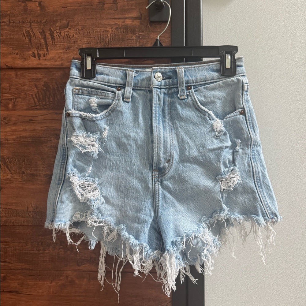 Abercrombie & Fitch Frayed Light Blue ultra high rise mom Jean Shorts